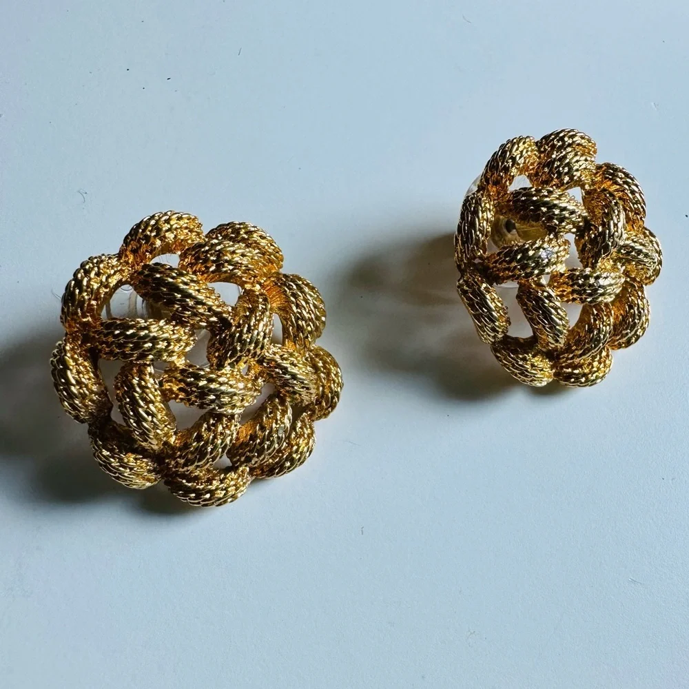 Vintage Monet Golden Weaved Pierced Earrings